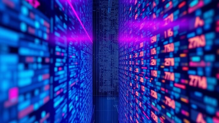 digital database visualization with glowing data streams, historical records flowing backward in time, cybernetic interface in a dark tech-focused environment, blue and purple neon lighting, clean code lines, ultra realistic, highly detailed, 8k quality, photorealistic