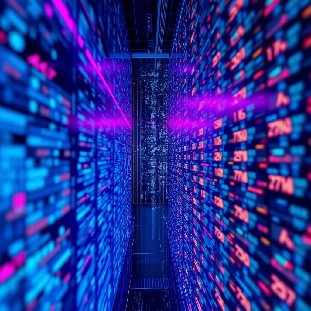 digital database visualization with glowing data streams, historical records flowing backward in time, cybernetic interface in a dark tech-focused environment, blue and purple neon lighting, clean code lines, ultra realistic, highly detailed, 8k quality, photorealistic