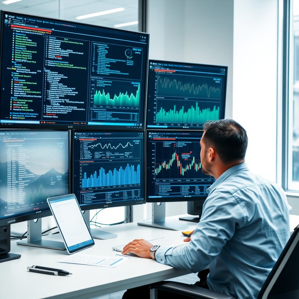 mastering - data analyst looking at dual screen monitors displaying time travel SQL queries and historical charts, modern bri