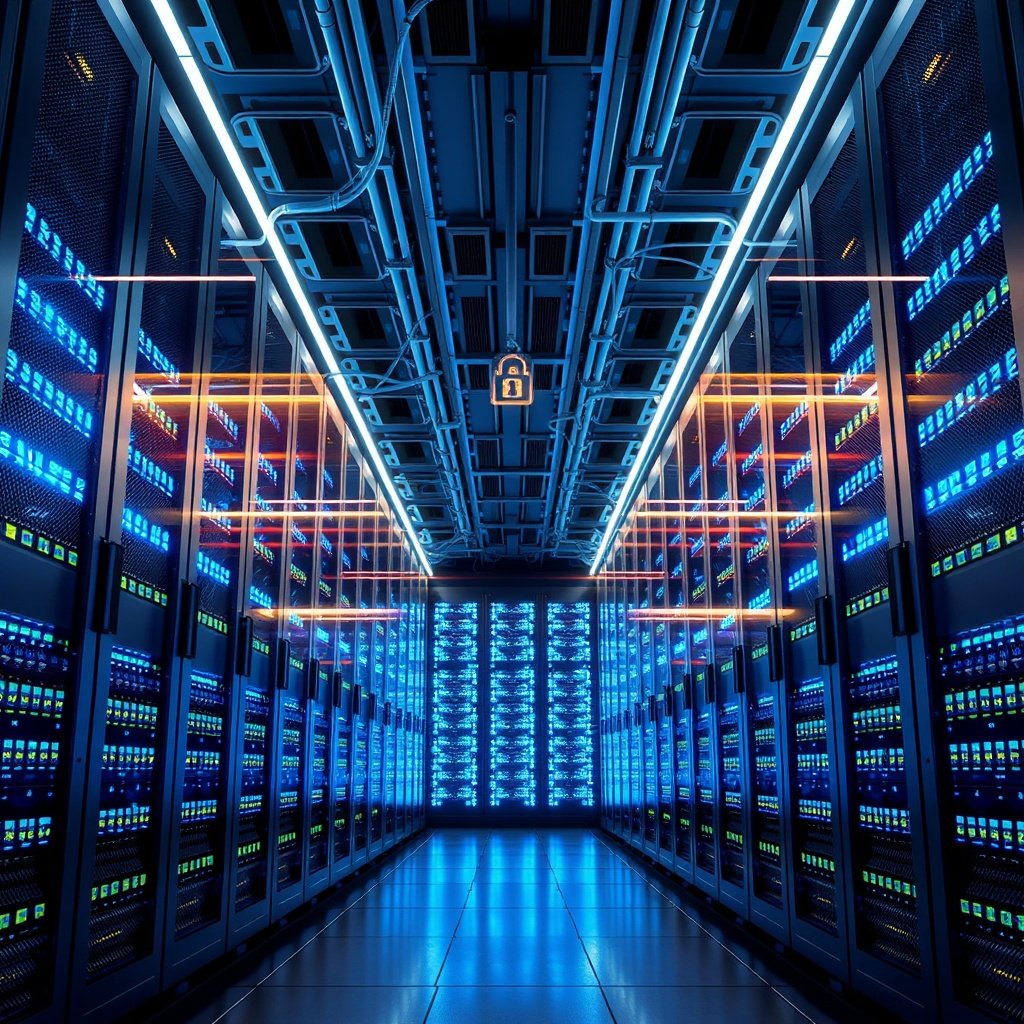 mastering - cloud server infrastructure room with glowing blue server racks and data flow lines, futuristic data center inter