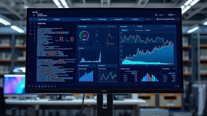 a modern data warehouse dashboard displayed on a large computer monitor in a bright tech office, code and graphs visible on screen, professional and clean tech aesthetic, cinematic lighting, ultra realistic, highly detailed, 8k quality, photorealistic