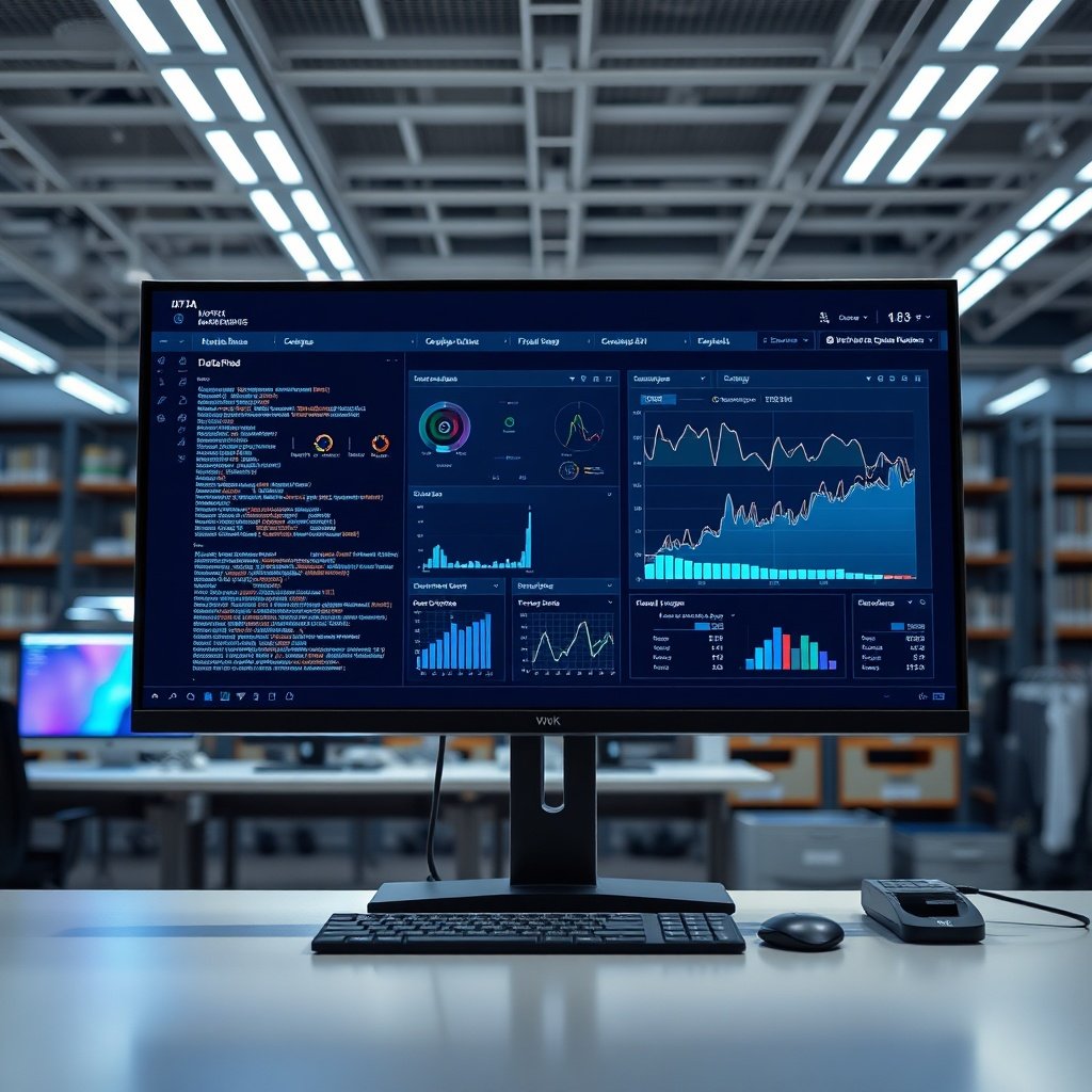 a modern data warehouse dashboard displayed on a large computer monitor in a bright tech office, code and graphs visible on screen, professional and clean tech aesthetic, cinematic lighting, ultra realistic, highly detailed, 8k quality, photorealistic