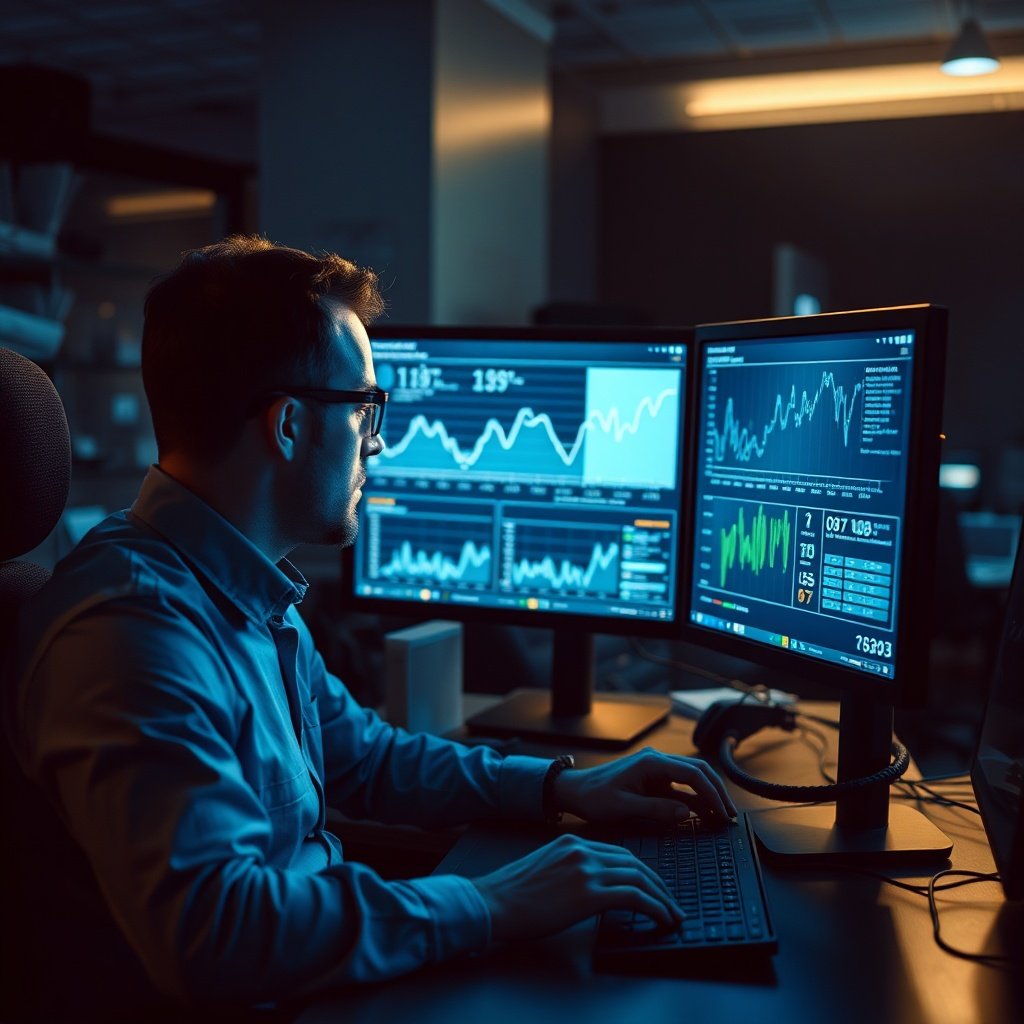 mastering - data analyst looking at historical graphs and timeline data on a dual monitor setup in a dimly lit, high-tech wor