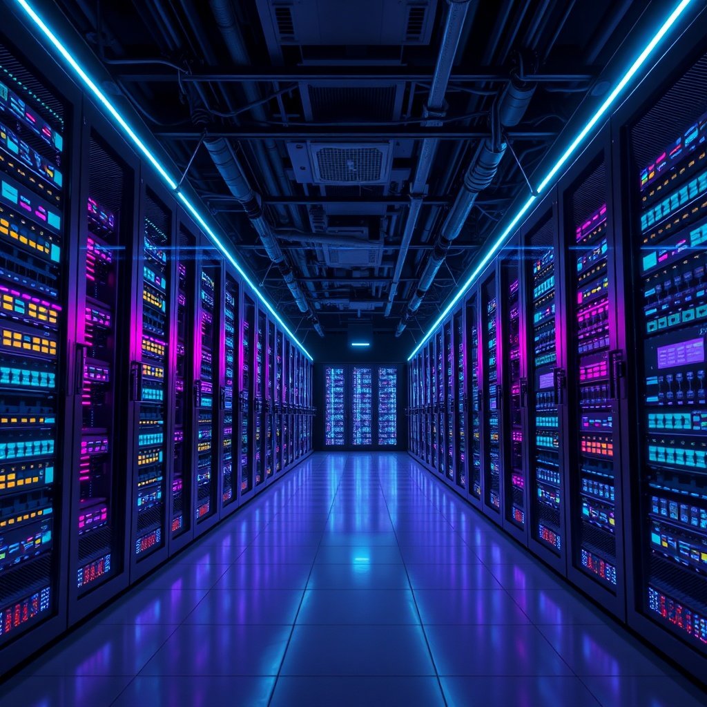 mastering - a modern server room with glowing blue and purple lights, rows of server racks, representing cloud data storage a
