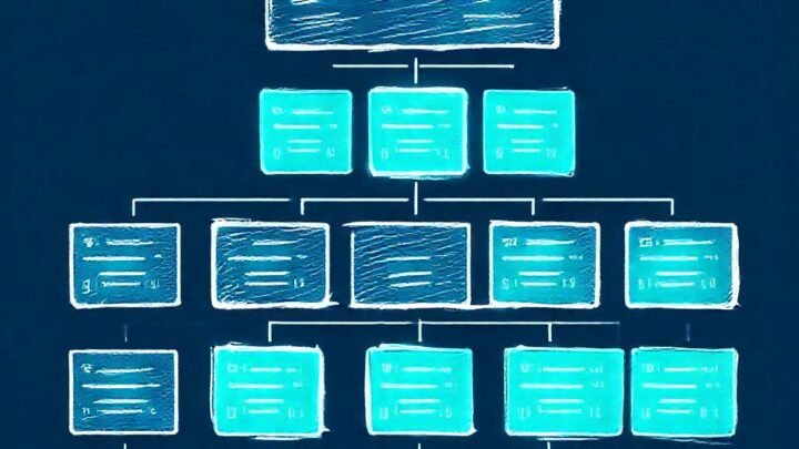 digital architecture diagram of a data warehouse showing structured layers and data flow, dark blue background with glowing cyan data blocks, technical and professional tone, high resolution vector style