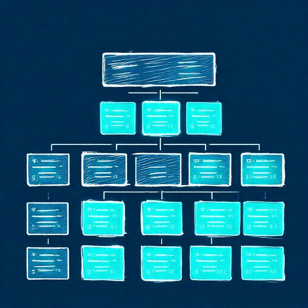 digital architecture diagram of a data warehouse showing structured layers and data flow, dark blue background with glowing cyan data blocks, technical and professional tone, high resolution vector style
