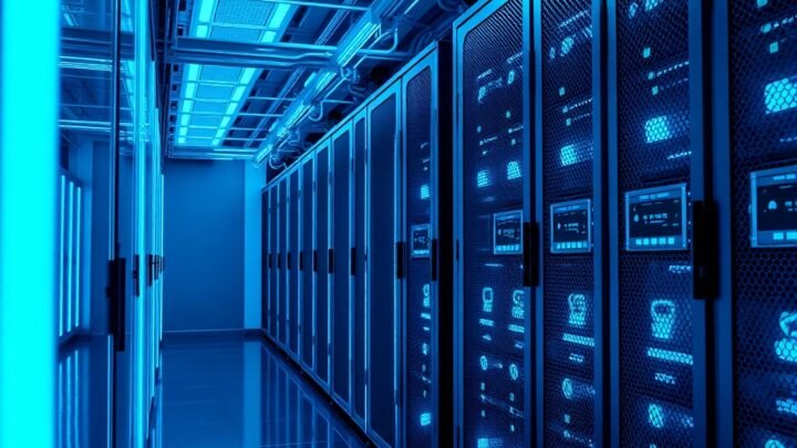 a modern data center server room with glowing blue fiber optic lights, clean industrial design, futuristic cloud computing environment, highly detailed, photorealistic, 8k quality