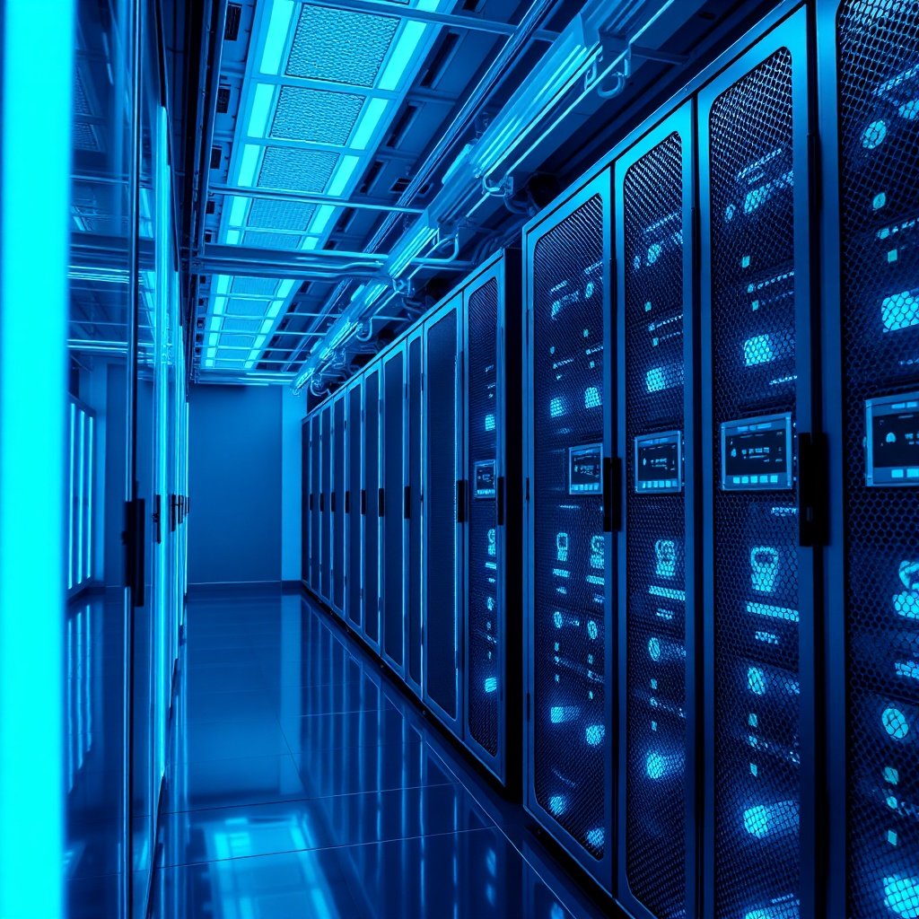 a modern data center server room with glowing blue fiber optic lights, clean industrial design, futuristic cloud computing environment, highly detailed, photorealistic, 8k quality