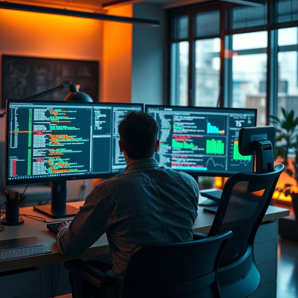 mastering - a software engineer sitting at a dual monitor desk analyzing complex SQL code and database charts, warm ambient l