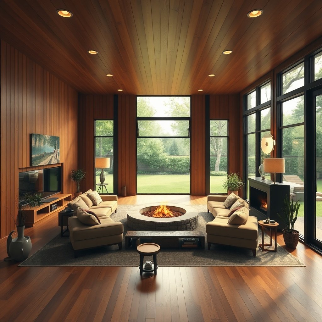 retro 1970s architectural living room interior with sunken conversation pit, warm earth tones, wood paneling, and large glass windows overlooking a green yard, soft natural daylight, vintage design, highly detailed, photorealistic