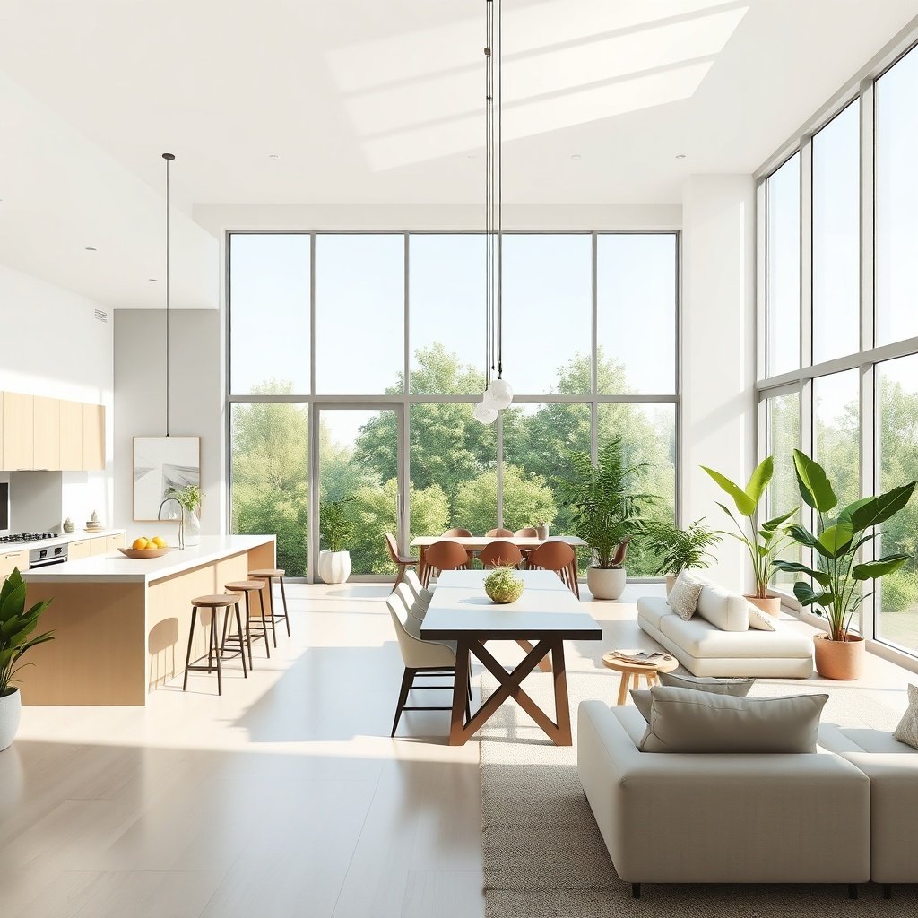 1970s - modern minimalist open plan interior with kitchen, dining, and living room combined, large floor to ceiling windows,