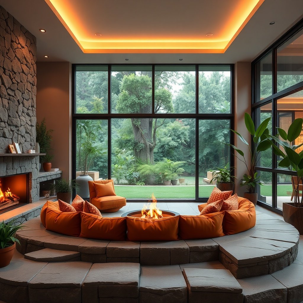 1970s - cozy sunken living room conversation pit with retro orange and brown cushions, stone fireplace, indoor house plants,